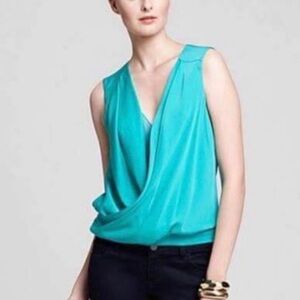 Diane Von Furstenberg Turquoise Draped V-Neck Sleeveless Blouse